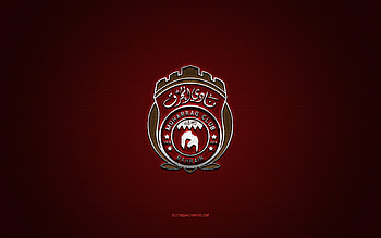 Al-Muharraq SC, Bahraini football club, Bahraini Premier League, yellow logo, red carbon fiber background, football, Muharraq, Bahrain, Al-Muharraq SC logo HD wallpaper