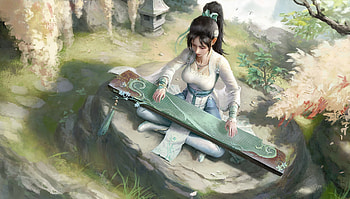 Fantasy girl, view from the top, instrument, fantasy, asian, evilchen, green, girl, evil chen HD wallpaper