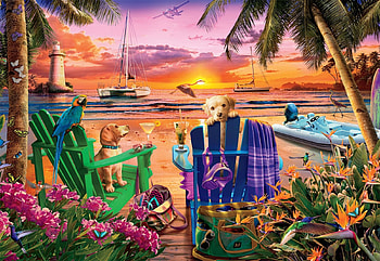 Pooches in Paradise, sunset, palm trees, chairs, painting, colors, beach HD wallpaper