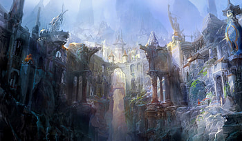 Castle, blue, fantasy, art, paperblue net, world, luminos, sky HD wallpaper