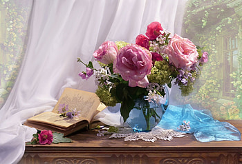 Still life, Roses, Hydrangea, Book HD wallpaper