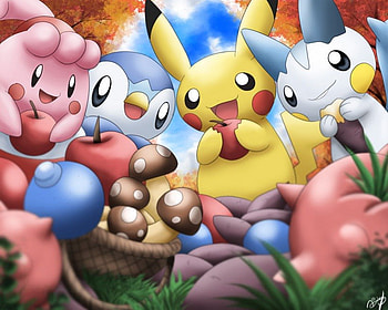 Pokemon feast, pacherisu, happiny, berries, pikachu, piplup HD wallpaper