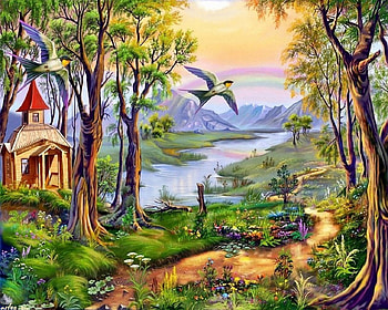 Church in the forest, river, painting, nature, church, forest HD wallpaper