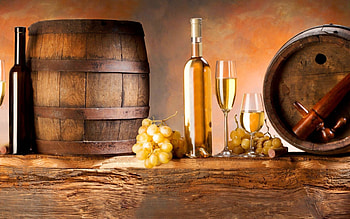 Fruits and vine, still life, white wines, table wines, red wines, glasses, barrels, bottle HD wallpaper