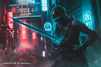 The Real Ninja Sword, ninja, neon, artist, artwork, digital-art, behance HD wallpaper