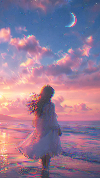 Girl, Beach, Ocean, Moon HD phone wallpaper