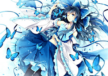 Hakurei Reimu, blue, white, hagiwara rin, girl, anime, butterfly, touhou, manga HD wallpaper