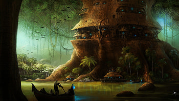 House, sea, magic, birds, Landscape, people, Fantasy, abstract, lights, trees, jungle HD wallpaper