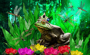 Frog King, design, art, frog, dragonflies, crown, wood, fantasy, king, green, water lilies, prince, Viola Tricolor, forest, pond HD wallpaper