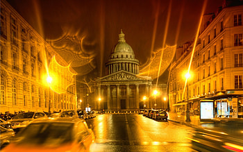 the pantheon on a rainy night, night, rain, city, lights, pantheon, street HD wallpaper