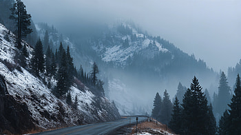 Foggy Mountain Pass —, road, mountain, snow, forest, Snowy Mountain HD wallpaper