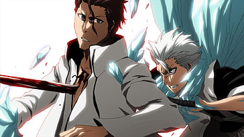 Aizen VS Toshirou, fighting, toushirou hitsugaya, toshiro, fight, hitsugaya, shinigami, bleach, toshirou, stab, gritted teeth, blood, sword, soul reapers, sousuke aizen, hitsugaya toushirou, weapons, aizen sousuke, anime, battle, aizen, white hair, ice, spiky hair HD wallpaper