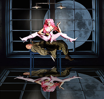 atop, pink, moon, man, funny, girl HD wallpaper