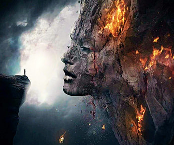 Humility, earth, art, man, volcano, face, fire HD wallpaper
