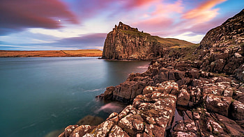 Duntulm Castle, Isle of Skye, Scotland, ruin, sea, coast, clouds, sky, rocks, stones, sunset HD wallpaper