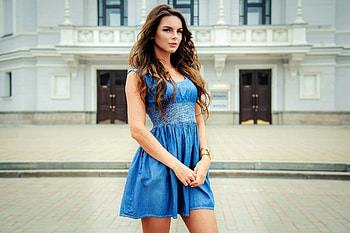 Brunette in Blue, blue, model, dress, brunette HD wallpaper