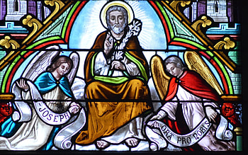 Saint Joseph and Angels, stained glass, church, angels, Saint Joseph HD wallpaper
