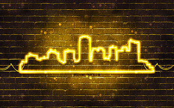 Phoenix yellow neon silhouette, , yellow neon lights, Phoenix skyline silhouette, yellow brickwall, american cities, neon skyline silhouettes, USA, Phoenix silhouette, Phoenix HD wallpaper