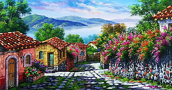 Queretaro, artwork, painting, town, street, trees, mountains, houses, mexico HD wallpaper