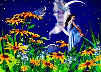 Good Night Wish , Meadow, Moon, Butterflies, Fantasy, Good Night Wish, Stars, Fairy, Flowers, Sky HD wallpaper