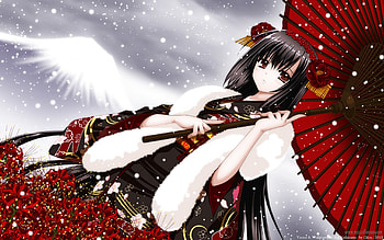 Kimono Girl In a Snowy Day, wings, anime gir l, snowy day, black hair, dress, kawaii, umberlla, snow, kimono girl HD wallpaper