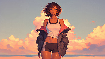 Coastal Sweat Ready For The Day, anime-girl, fitness, girl, sunset, artist, artwork, art, digital-art, ai, deviantart HD wallpaper