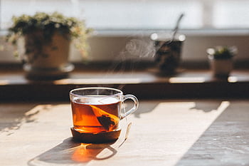 Glass teacup with steaming tea catching warm sunlight, indoors by the window. HD wallpaper