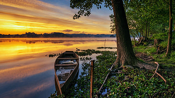 Portugal, Pateira de Fermentelos Lagoon, boat, sea, landscape, clouds, trees, colors, sky, sunset HD wallpaper