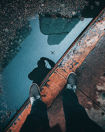 Reflection, Miscellanea, Miscellaneous, Legs, grapher, Puddle, Border, Sidewalk HD phone wallpaper