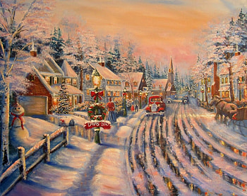 Christmas in Ann Arbor, winter, artwork, painting, car, town, snow, street, houses HD wallpaper