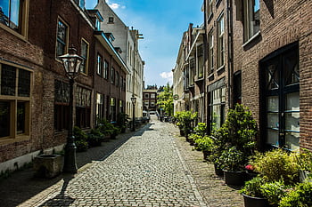 que cobblestone street with classic Dutch architecture in Leiden, Netherlands. HD wallpaper