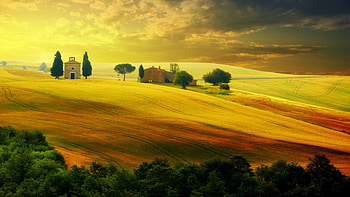 Tuscany Sunset, italy, house, clouds, landscape, trees, sky HD wallpaper