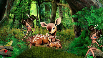 Fairy Forest Friends, ladybugs, bird, woods, grass, ferns, fairy, fantasy, green, deer, fairies, whimsical, forest HD wallpaper