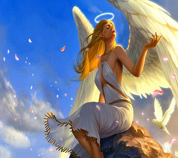 Angel, feathers, long hair, dress, beauty, lady, abstract, magical, blonde hair, fantasy woman, female, wings, white, art, beautiful, woman, fantasy, pretty, clouds, sky, lovely HD wallpaper