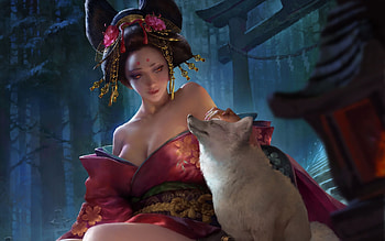 Kitsune, girl, luminos, fox, demon, frumusete, mountain huang, vulpe, gorgeous, superb, jewel, fantasy HD wallpaper