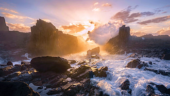 Kiama, NSW, Australia, rocks, mountain, winter, sunrays, landscape, sky, ice HD wallpaper
