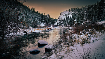 Snow River, sky, nature, River, Snow, rocks HD wallpaper