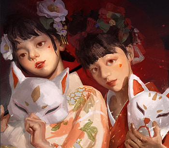Fox masks, white, kimono, art, mask, girl, fox, heishan, red, couple, luminos, hei shan HD wallpaper