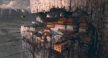 Cliffside Cable Car City — Digital Architecture Landscape ( Quad ), Digital Art HD wallpaper