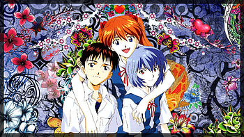 Evangelion, orange hair, uniform, blue hair, girl, school uniform, long hair, anime girl, anime, boy, abstract, group, hug, short hair, brown hair, male, female HD wallpaper