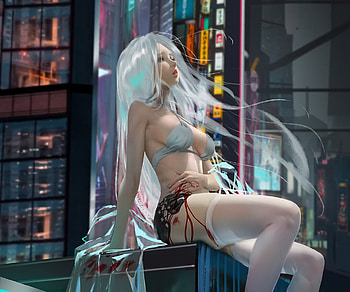 Wounded, night, fantasy, art, city, shiwen liu, girl HD wallpaper