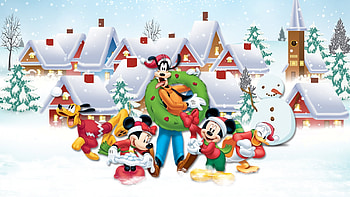 A Disney Christmas, Feliz Navidad, Mickey Mouse, Pluto, houses, Walt Disney, holiday, Christmas, movies, Minnie Mouse, Donald Duck HD wallpaper