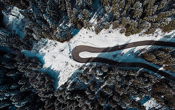 Aerial view, road's turn, tree, forest, winter, nature HD wallpaper