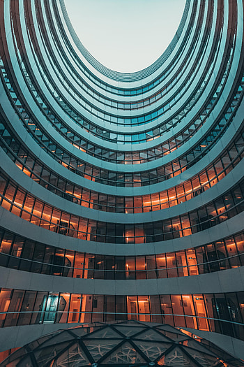 Sky, Building, Miscellanea, Miscellaneous, Glass, Round, Facade HD phone wallpaper