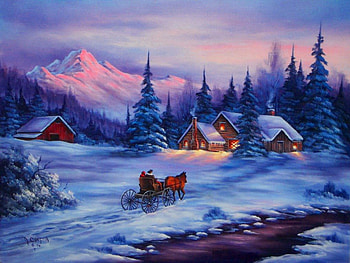 Winter walk, winter, peaceful, dusk, walk, snow, ride, frost, frozen, art, house, cold, mountain, sleigh, sleight, family, cabins, sky, cottage, peak, evening, village HD wallpaper