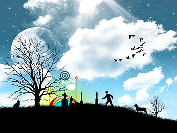 The Gravesite, headstones, birds, moon, pets, clouds, silhouette, park HD wallpaper