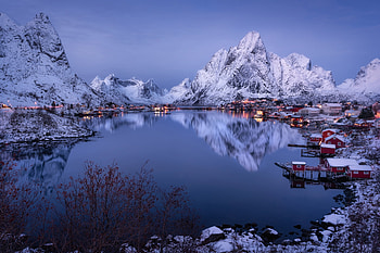 Fjord, , Lofoten, Lofoten Islands, Reflection, Norway, Mountain, Village HD wallpaper