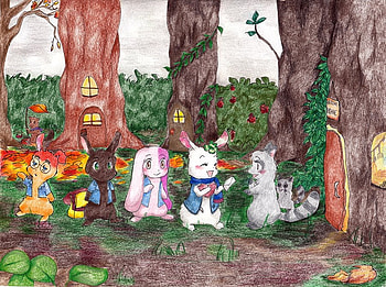 Happy Happy clover-Happy Happy delivery, shallot, kale, clover, delivery, happyhappyclover, bunny, anime, trees, mail, racoon HD wallpaper