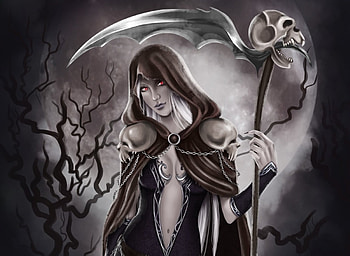 Beautiful Reaper, full moon, gothic, sexy, red eyes, dark, skulls, woman, scythe, trees, hooded, female HD wallpaper
