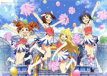 Idolmaster, smiling, anime, skirts, cute, sky, cheerleader HD wallpaper